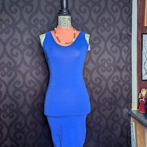 Blue Sleeveless Dress with Orange Necklace
